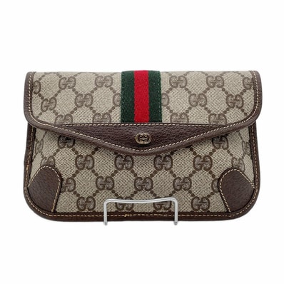 GUCCI グッチ エンベロープ GGスプリーム オールドグッチ ポーチ 小物入れ ケース シェリー PVCコーティングキャンバス レザー ブラウン レディース 【中古】