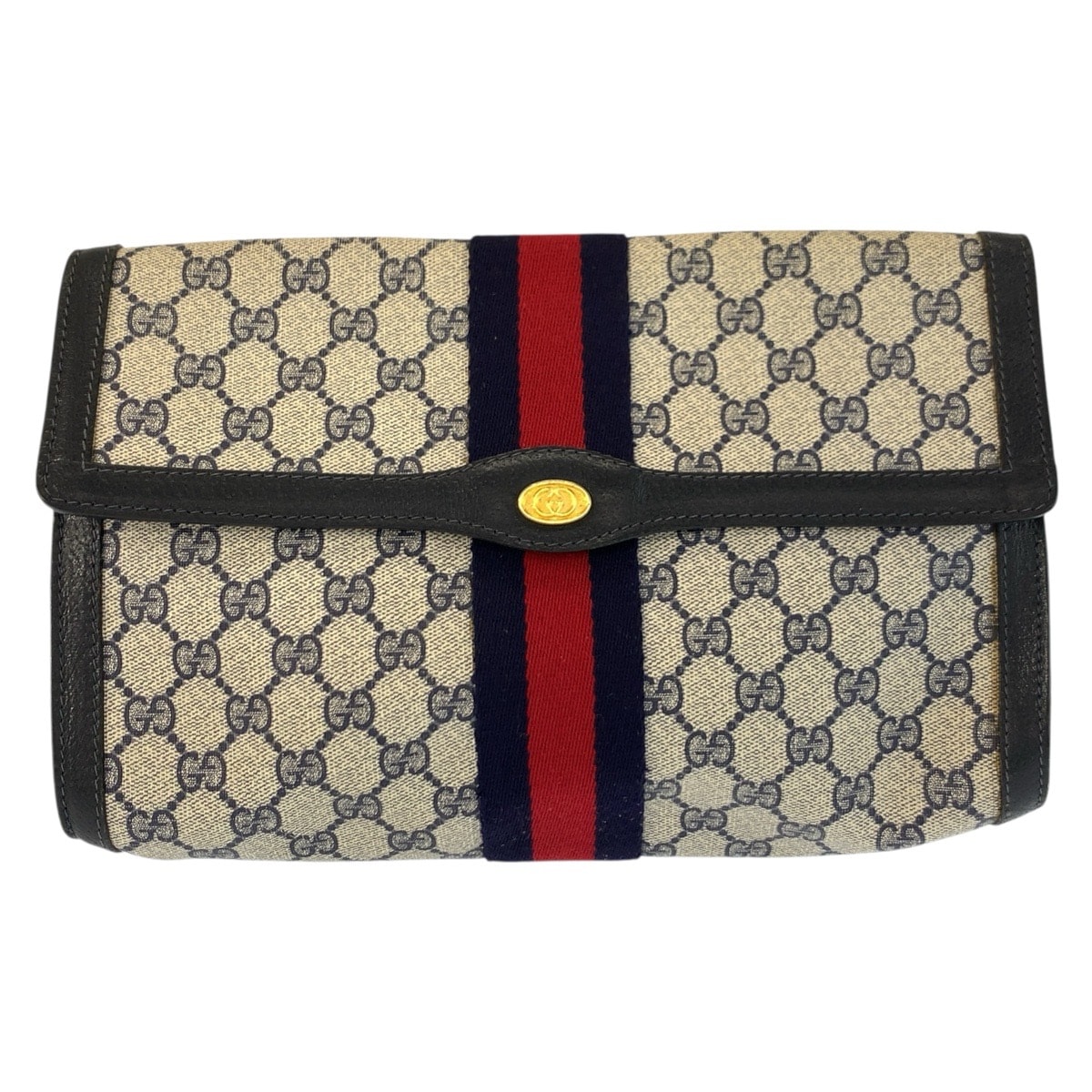 GUCCI グッチ ヴィンテージ シェリーライン グレー ネイビー ゴールド金具 GGスプリームキャンバス レザー/ クラッチバッグ セカンドバッグ 602814 【中古】