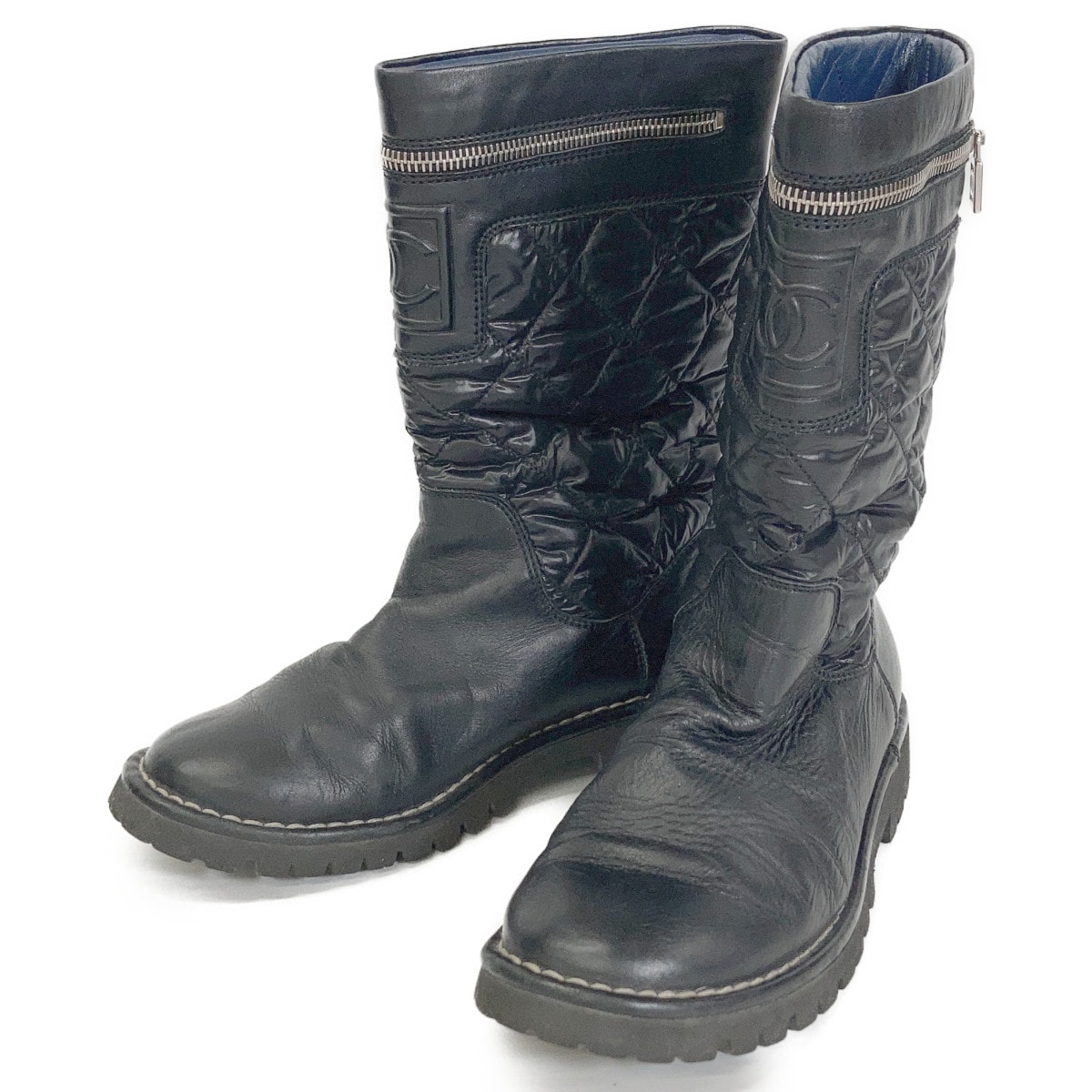 シャネル IG26537 コココクーン ココマーク マトラッセ ナイロン/レザー ブーツ 35 1/2