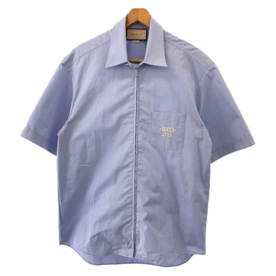 超美品 GUCCI グッチ 23SS エンブロイダリー ロゴ刺繍 サイズ48 ブルー ホワイト コットン 半袖シャツ カットソー 504751 【中古】
