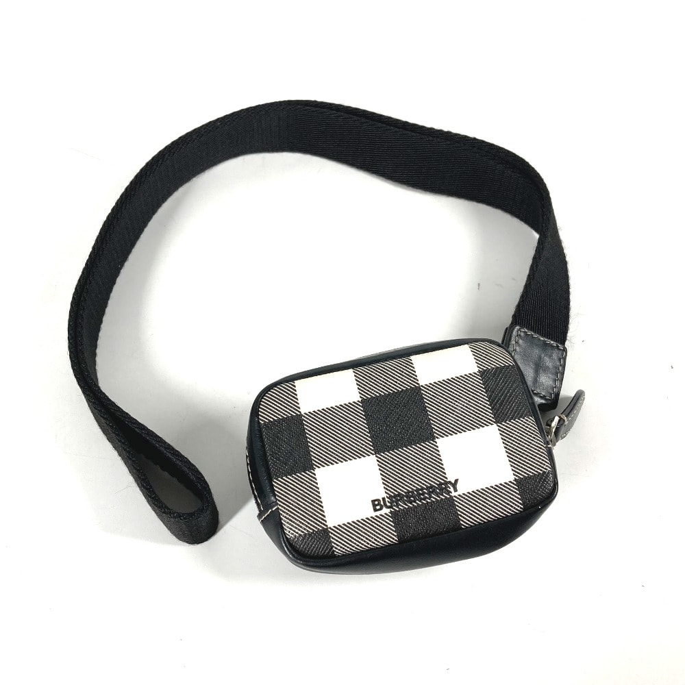バーバリー BURBERRY チェック 小銭入れ 財布 ストラップ付 ポーチ コインケース レザー/PVC ブラック 美品