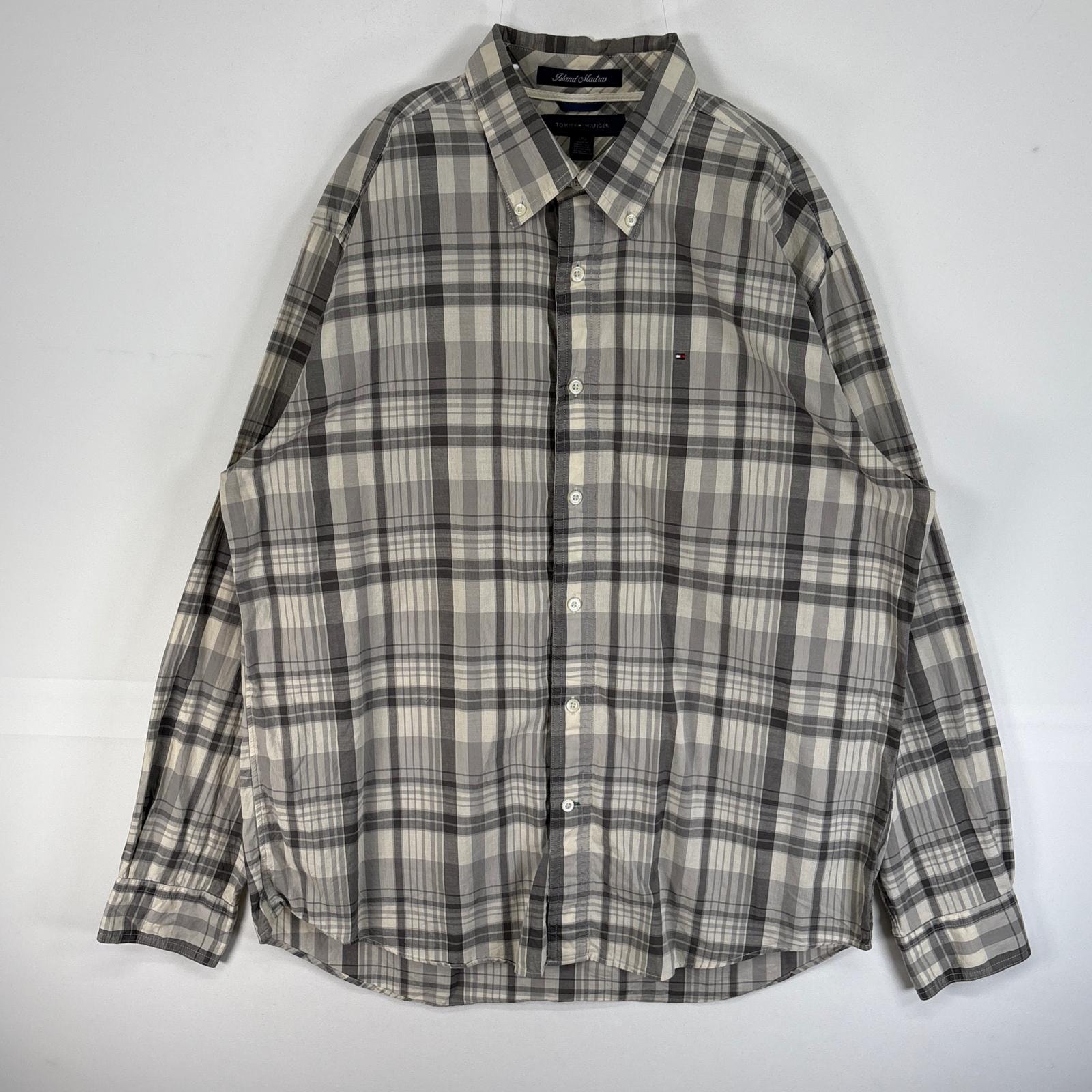 古着 トミーヒルフィガー TOMMY HILFIGER 長袖シャツ Island Madras マドラス チェック ロゴ 刺繍 ボタンダウン L  グレー系 マルチカラー メンズ