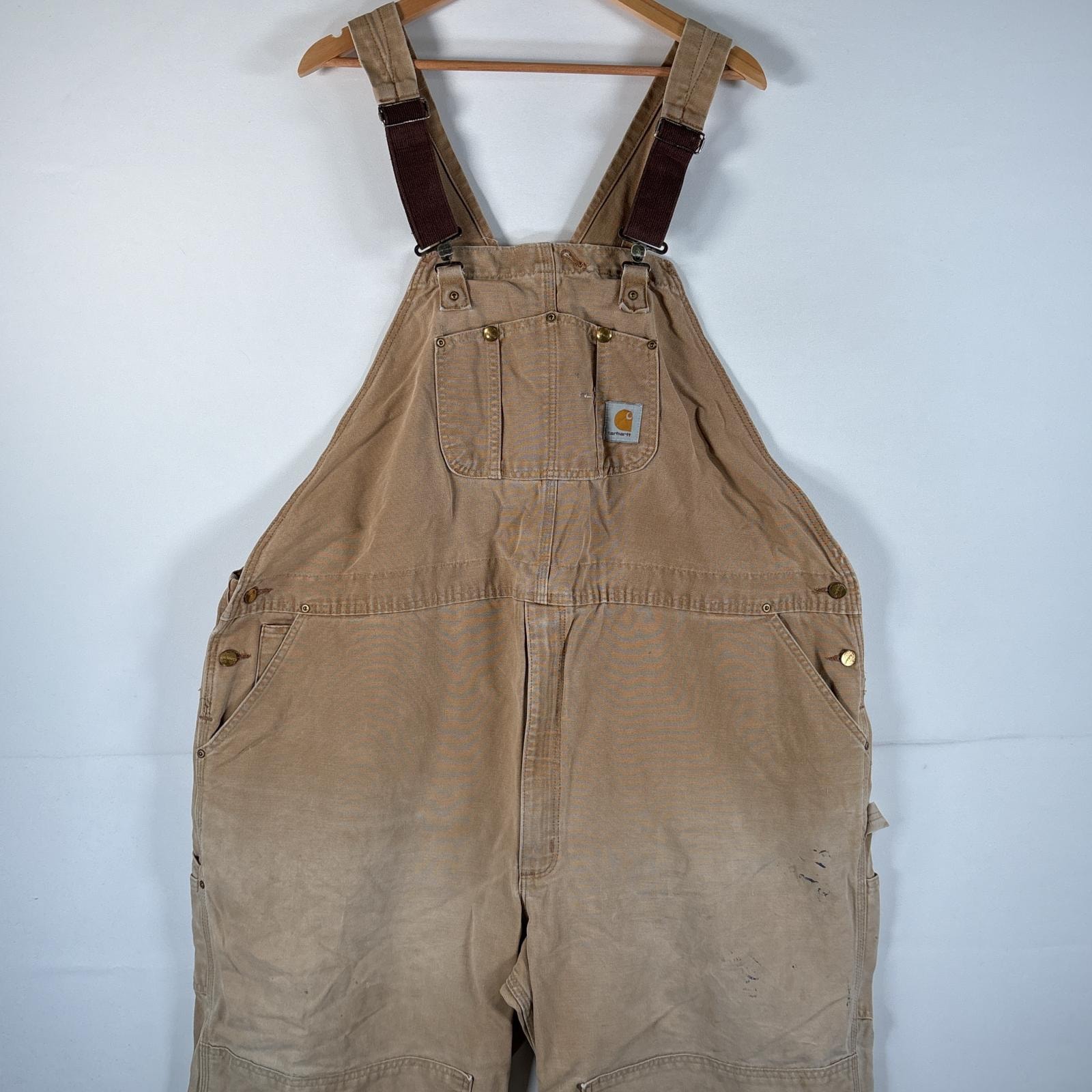 古着 カーハート Carhartt オーバーオール ダック ワーク ワンポイントロゴ サイドポケット 大きいサイズ ダブルニー キャメル メンズ