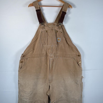 古着 カーハート Carhartt オーバーオール ダック ワーク ワンポイントロゴ サイドポケット 大きいサイズ ダブルニー キャメル メンズ