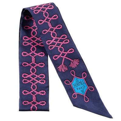 HERMES エルメス ツイリー Galons et Brandebourgs 飾緒とブランデンブルク飾り 063698S 03 2021SS スカーフ シルク ネイビー ピンク【中古】