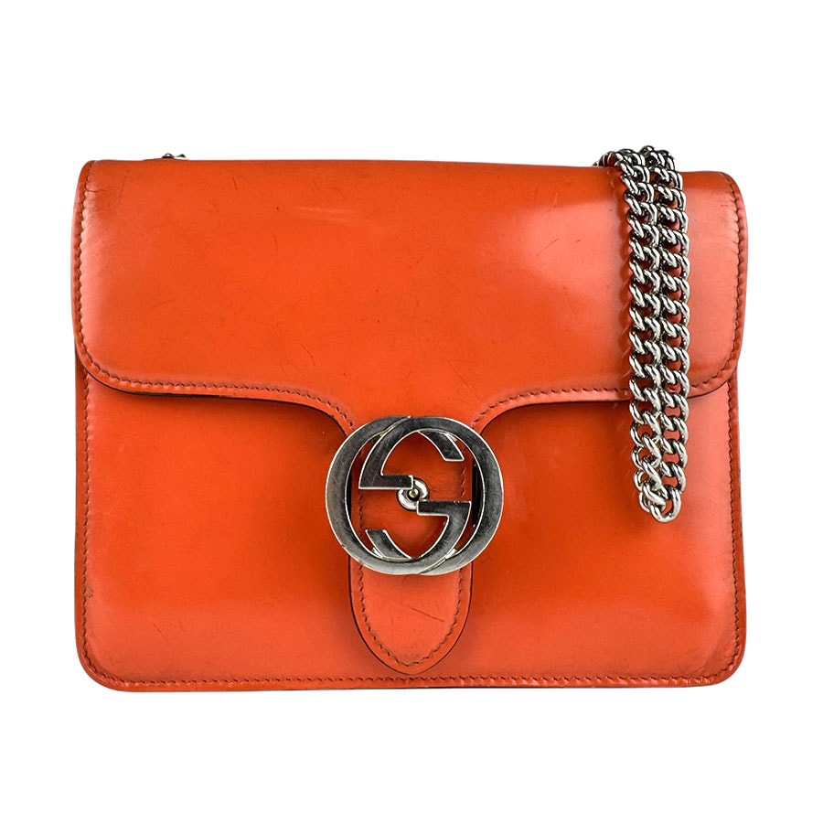 グッチ GUCCI ショルダーバッグ インターロッキングG レザー/メタル オレンジ/シルバー レディース 387609【中古】 z9197