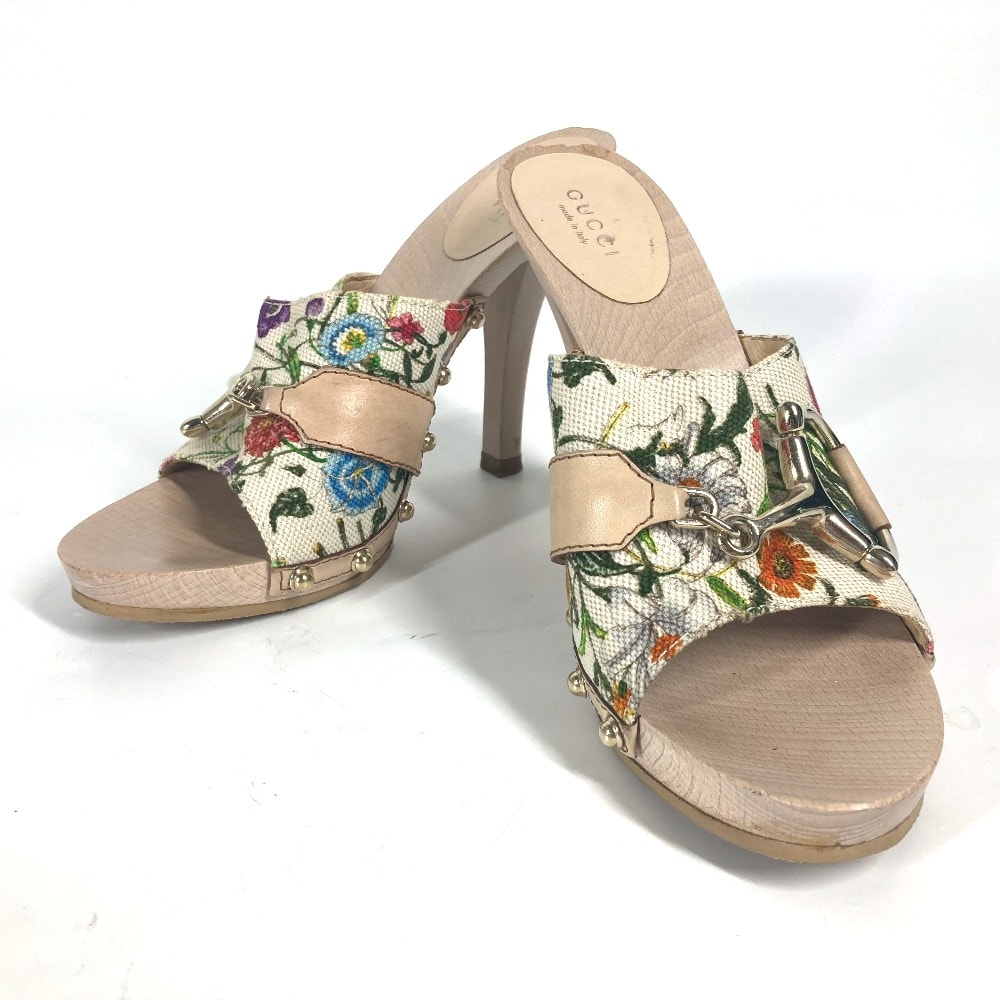 グッチ GUCCI フローラ 花柄 フラワー 149910 靴 シューズ ヒール サンダル ウッド マルチカラー 美品