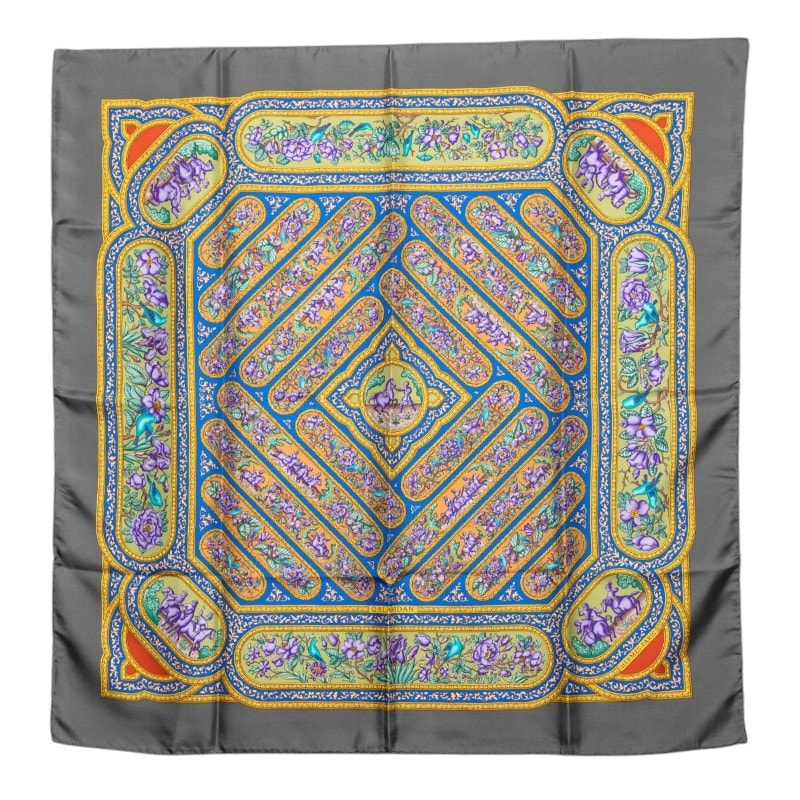 エルメス カレ90 QALAMDAN カラムダン スカーフ グレー マルチカラー シルク レディース HERMES 【中古】