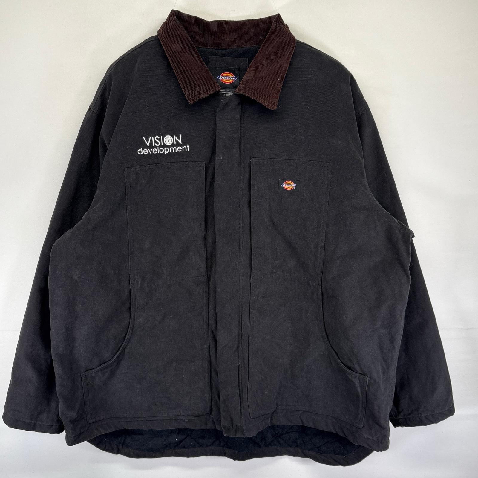 古着 ディッキーズ Dickies ダック ジャケット 中綿 フルジップ ワンポイント ワーク 大きいサイズ 2XL  ブラック系 メンズ