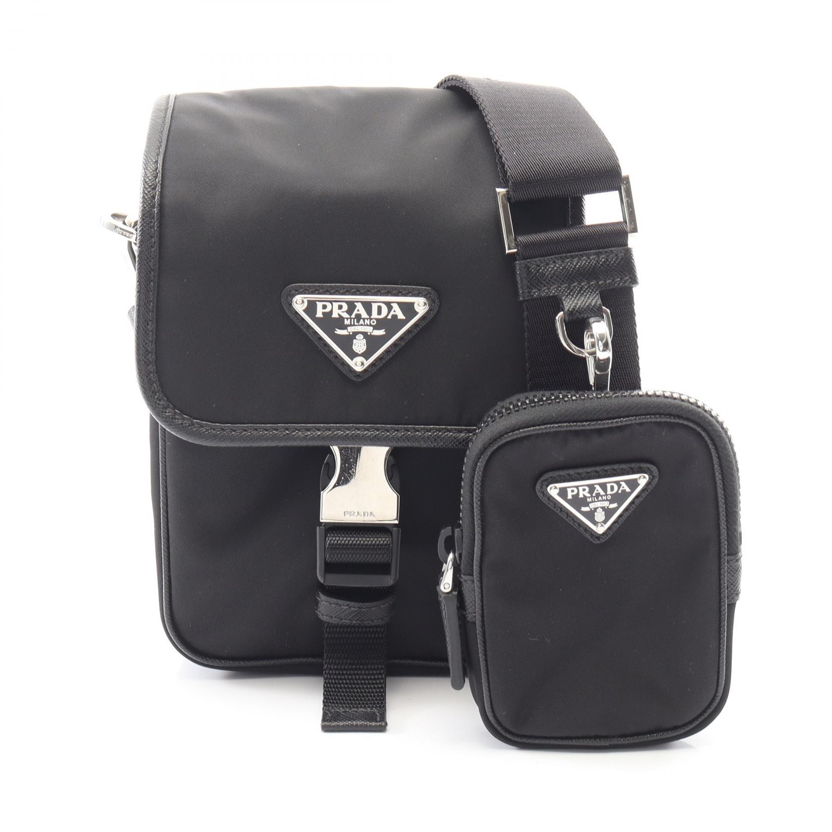 プラダ PRADA RE NYLON TESSUTO+SAFFIANO ショルダーバッグ バッグ ナイロン サフィアーノレザー メンズ レディース ブラック系 2VD043 【中古】