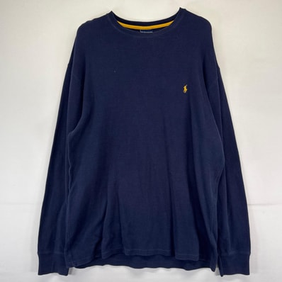 古着 ポロ・ラルフローレン POLO RALPH LAUREN 長袖Tシャツ ワンポイントロゴ刺繍 サーマル ワッフル生地 2XL ネイビー系 メンズ