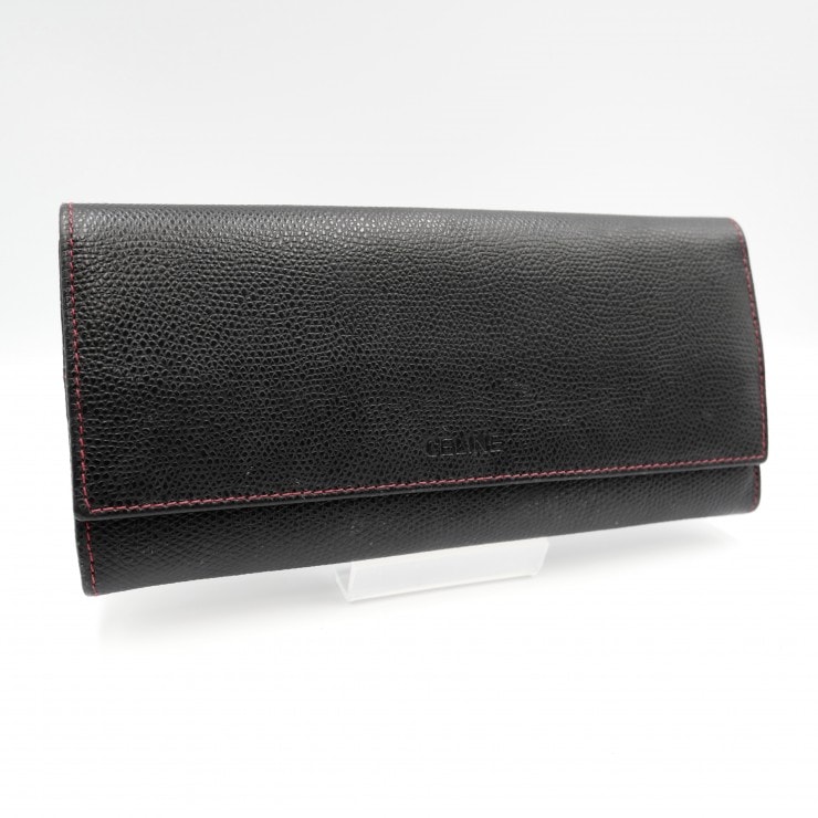 CELINE(セリーヌ)長財布 二つ折りフラップウォレット ブラック レザー バイカラー レッド レディース 960264-002【中古】