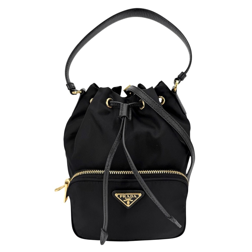 PRADA プラダ 2WAY デュエット バケットバッグ ハンドバッグ ショルダーバッグ 肩掛け 斜め掛け 巾着バッグ 1BH038 ナイロン レザー ブラック 黒 ゴールド金具 レディース【中古品】