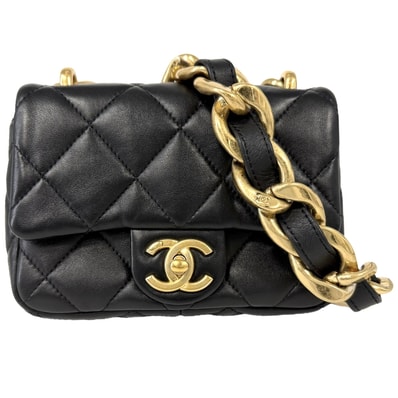 CHANEL シャネル ショルダーバッグ ミニマトラッセ チェーンショルダー ターンロック 肩掛け Mini Matelasse ココマーク ラムスキン ブラック 黒 ゴールド金具 レディース【中古品】
