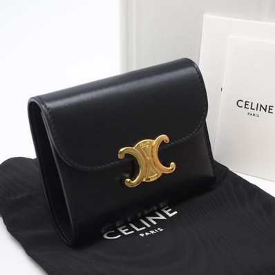 CELINE セリーヌ シャイニーカーフスキン スモール フラップウォレット トリオンフ 10D783 三つ折り財布 ブラック ゴールド カーフレザー レディース