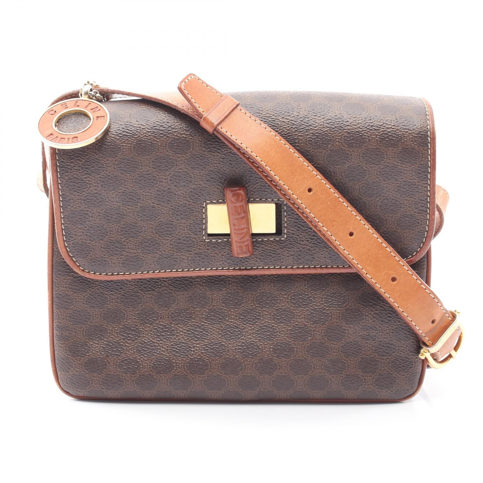 セリーヌ CELINE マカダム ショルダーバッグ バッグ PVCコーティングキャンバス レザー レディース ブラウン系 【中古】