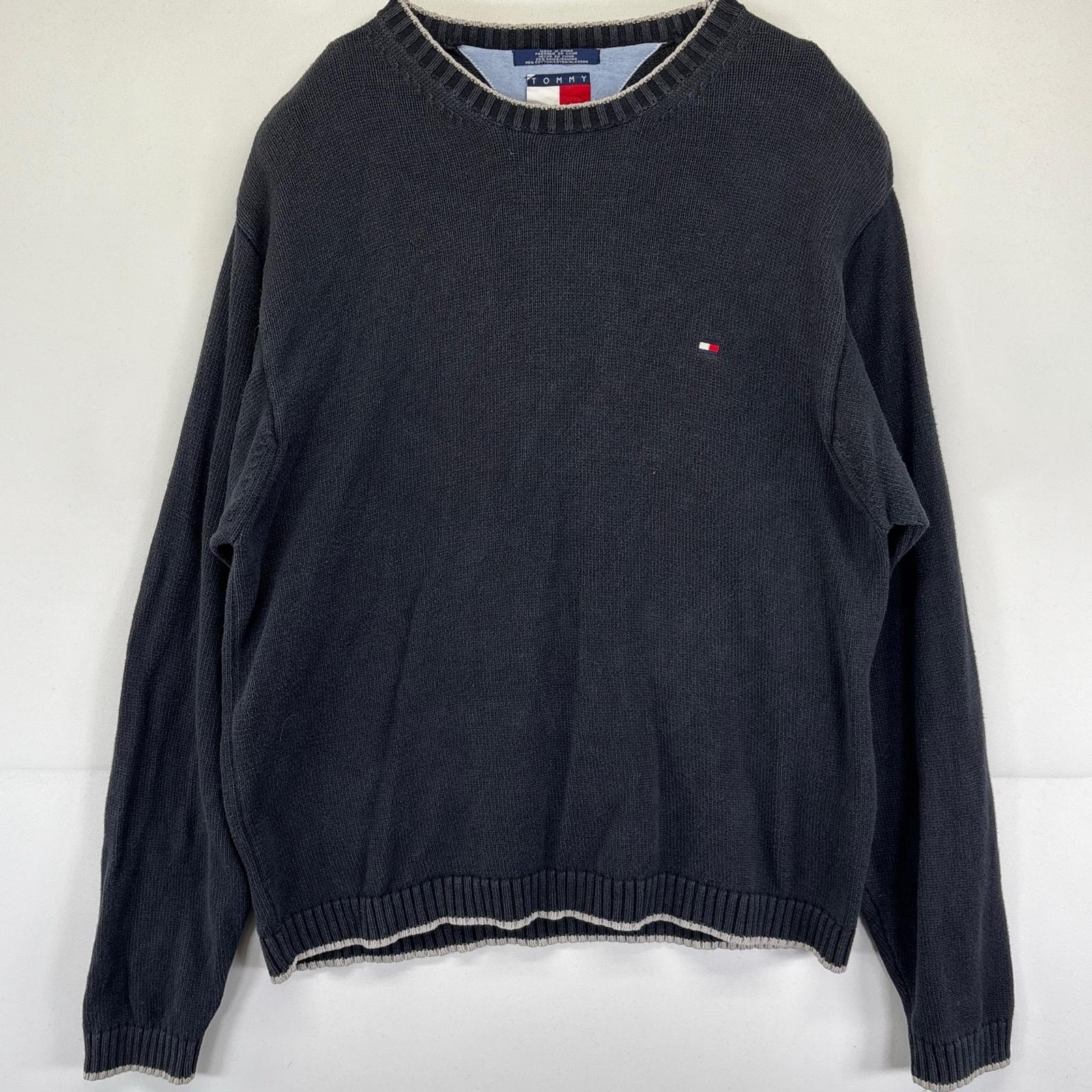 古着 トミーヒルフィガー TOMMY HILFIGER ニット コットンニット 大きいサイズ クルーネック ワンポイントロゴ 2XL  ブラック系 メンズ