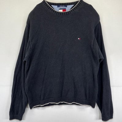 古着 トミーヒルフィガー TOMMY HILFIGER ニット コットンニット 大きいサイズ クルーネック ワンポイントロゴ 2XL ブラック系 メンズ
