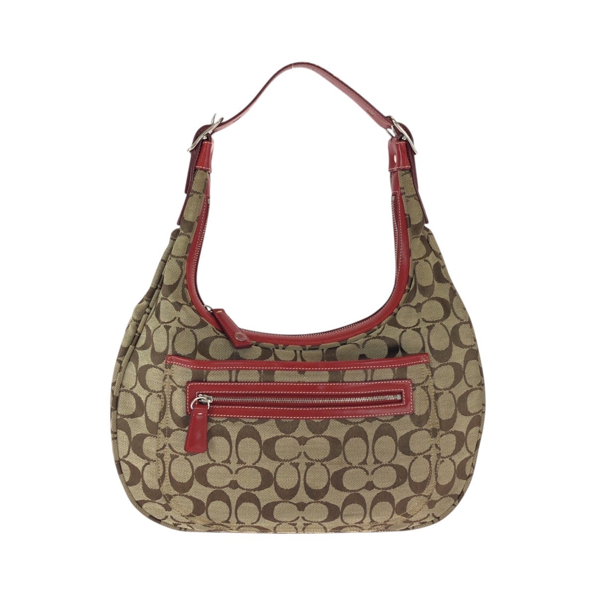 COACH コーチ シグネチャー ブラウン ベージュ レッド キャンバス レザー/ ショルダーバッグ 600253 【中古】