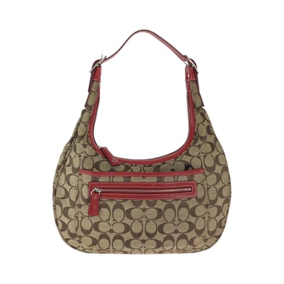 COACH コーチ シグネチャー ブラウン ベージュ レッド キャンバス レザー/ ショルダーバッグ 600253 【中古】