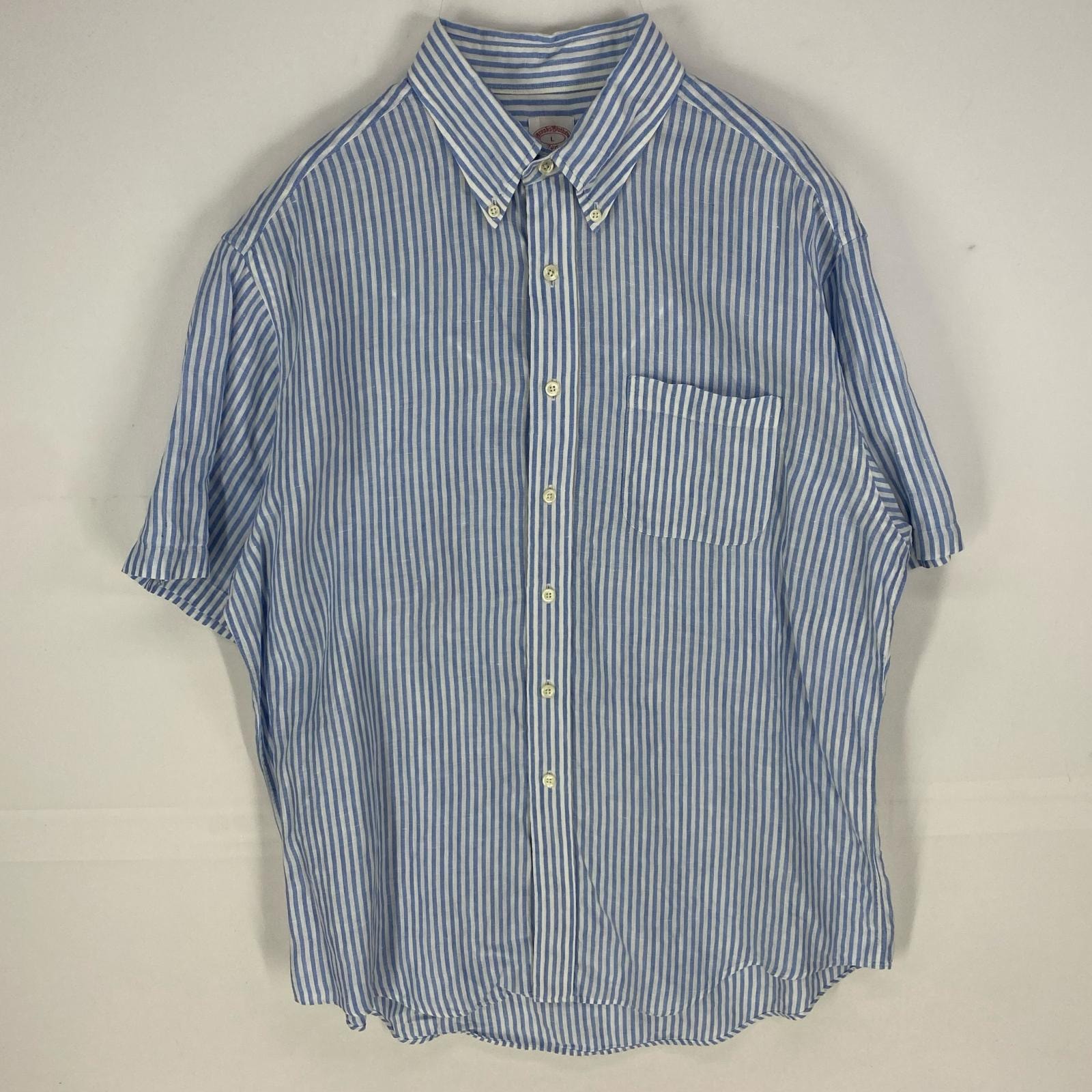 古着 ブルックスブラザーズ Brooks Brothers 半袖シャツ ボタンダウン 346 リネンシャツ L  ブルー系 ストライプ メンズ