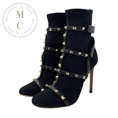 ヴァレンティノ VALENTINO ブーツ ショートブーツ 靴 シューズ ファブリック レザー ブラック 黒 ゴールド ソックスブーツ ロックスタッズ ニット