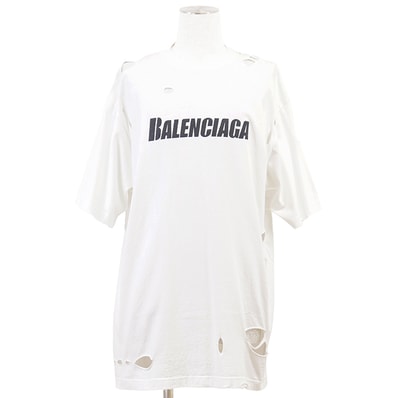 【美品】BALENCIAGA バレンシアガ UNIFIT Tシャツ サイズ XXS ユニセックス 2021年モデル デストロイ ダメージ加工 ロゴ クラックプリント オーバーサイズ プルオーバー ショートスリーブ 半袖 トップス ホワイト 白 ポルトガル製