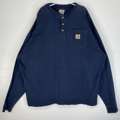 古着 00’s/00年代 カーハート Carhartt 長袖Tシャツ ヘンリーネック 肉厚 大きいサイズ ワンポイント ロゴ フェード 2XL ネイビー 無地 メンズ