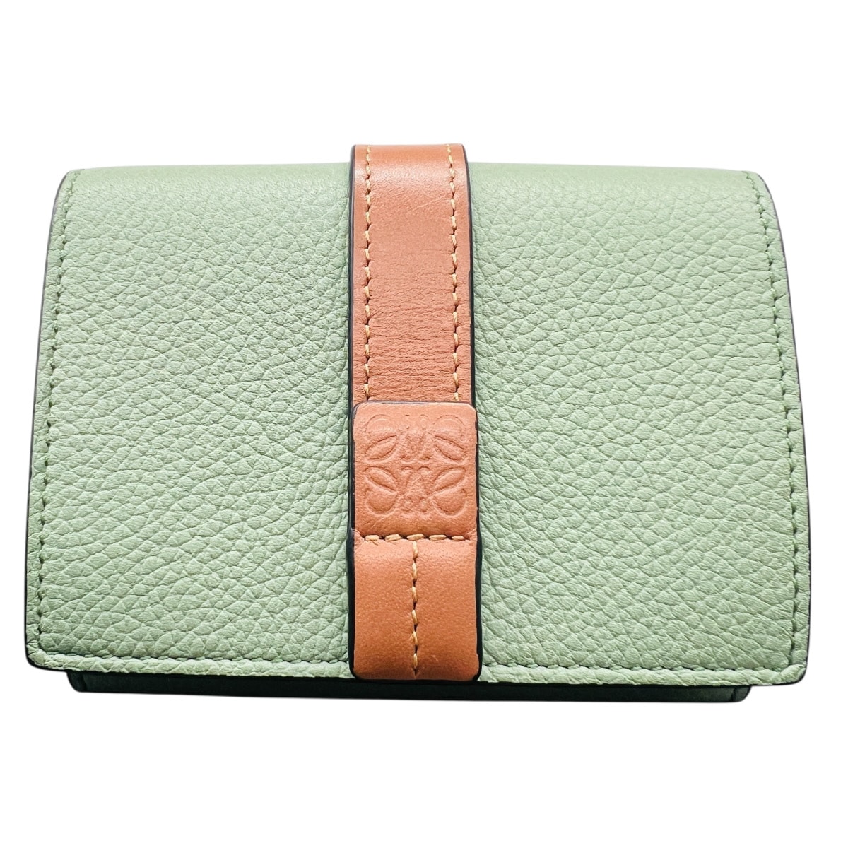 LOEWE 極美品 ロエベ TRIFOLD WALLET トライフォールド ウォレット アナグラム ソフトグレインカーフ 三つ折り財布 レザー グリーン ブラウン コンパクトウォレット ミニ財布 Aランク 中古 鑑定済 ロエベ財布