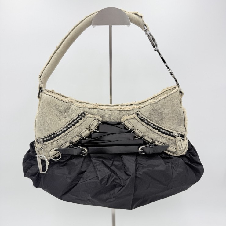 Christian Dior(クリスチャンディオール)ガリアーノ期 コルセットデザイン ショルダーバッグ ワンショルダー ナイロン レザー切替 ブラック ベージュ レディース【中古】