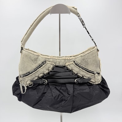 Christian Dior(クリスチャンディオール)ガリアーノ期 コルセットデザイン ショルダーバッグ ワンショルダー ナイロン レザー切替 ブラック ベージュ レディース【中古】