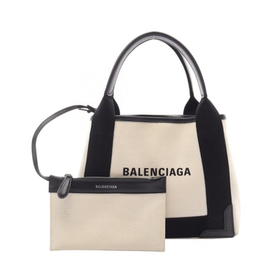 バレンシアガ BALENCIAGA ネイビーカバ XS ハンドバッグ バッグ キャンバス レザー レディース ホワイト系 / ブラック系 390346 【中古】