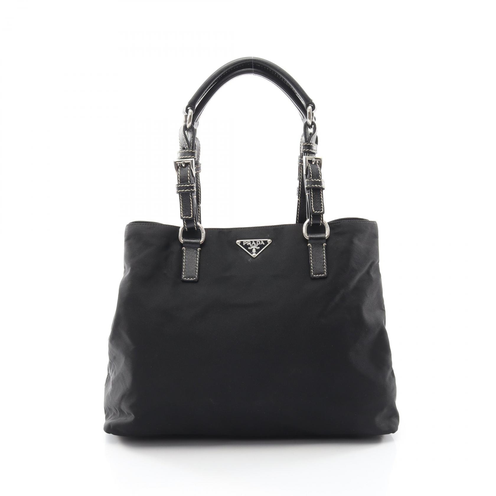 プラダ PRADA トライアングルロゴ トートバッグ バッグ ナイロン サフィアーノレザー レディース ブラック系 【中古】