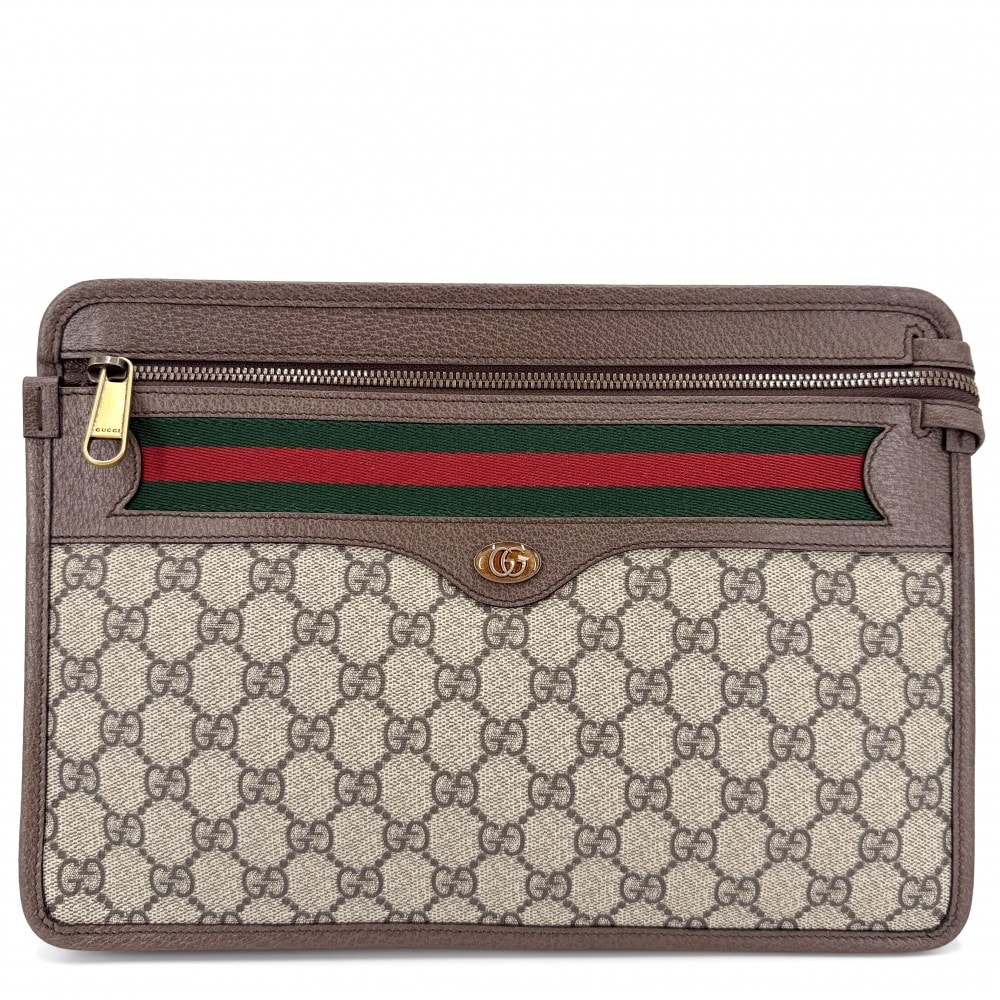 GUCCI グッチ クラッチバッグ ハンドバッグ セカンドバッグ ポーチ シェリーライン 597619 GGスプリームキャンバス レザー べージュ ブラウン 茶 ゴールド金具 ユニセックス 美品【中古品】