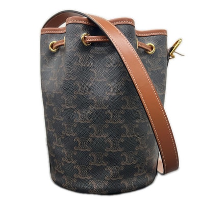 CELINE 極美品 セリーヌ トリオンフ スモール ドローストリングバッグ ショルダーバッグ タン 191142 2021年 PVC レザー ブラウン 巾着 バケットバッグ クロスボディ ロゴ マカダム Aランク 中古 鑑定済 セリーヌバッグ