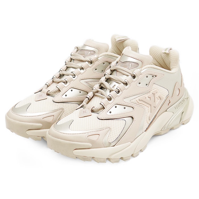 【美品】LOUIS VUITTON ルイ・ヴィトン ランナータティックスニーカー メンズ 6.5 LV モノグラムフラワー メッシュ × レザー メタリック チャンキーソール 厚底 ローカット シューズ 靴 袋付属 グレージュ ピンクベージュ 伊製