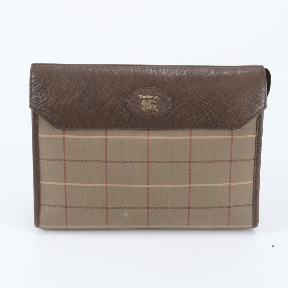 ■美品 バーバリー チェック 柄セカンドバッグ レザー×キャンバス