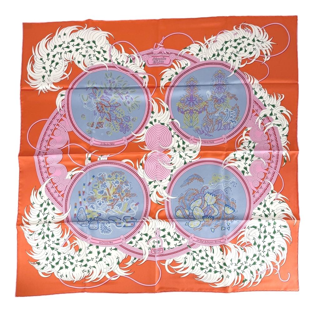 HERMES エルメス スカーフ カレ90 刺繍が織りなす伝説 ファッションアイテム LEGENDE BRODEE シルク    オレンジ マルチカラー レディース 美品【中古品】