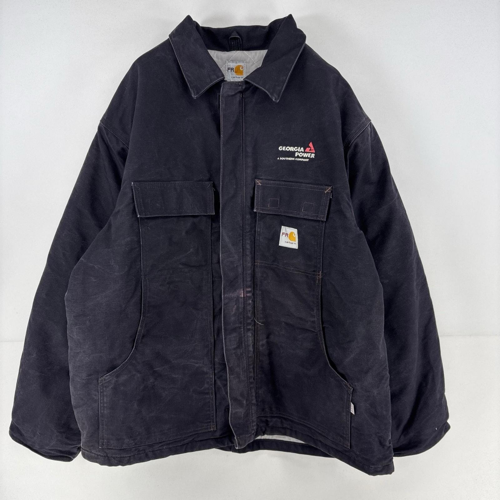 古着 カーハート Carhartt ダック ジャケット 中綿 刺繍 トラディショナルジャケット フルジップ ワンポイント 2XL ブラック メンズ