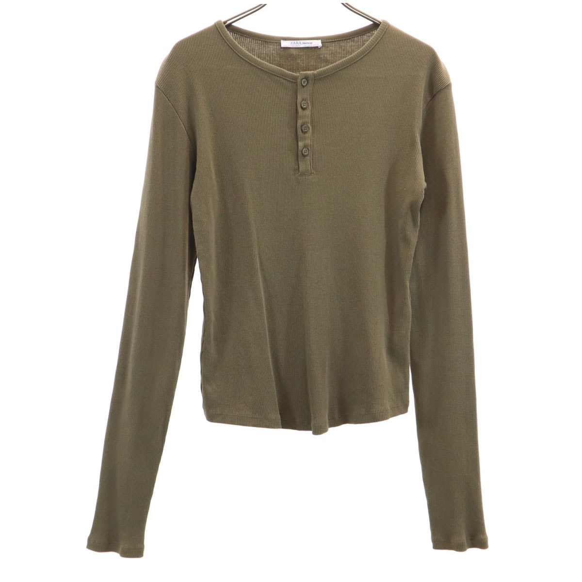 ZARA ザラ 長袖 ヘンリーネック リブ Tシャツ M カーキ ロンT
