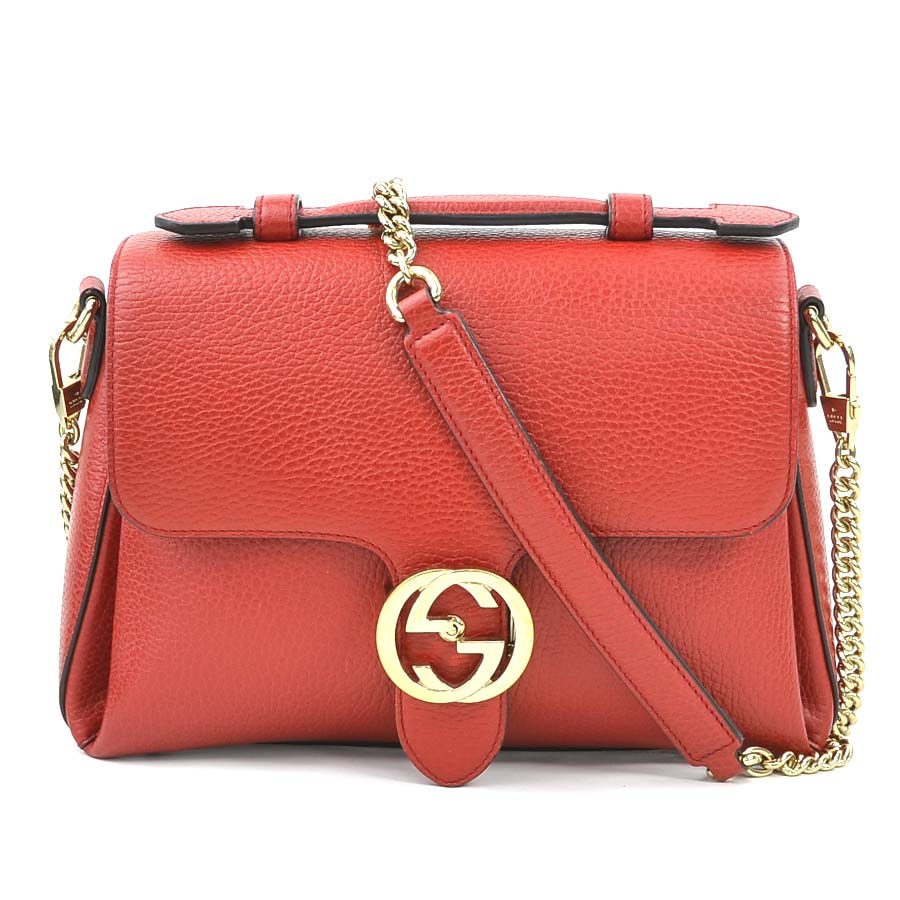 グッチ GUCCI ショルダーバッグ インターロッキングG レザー レッド レディース 510302【中古】 h31168a
