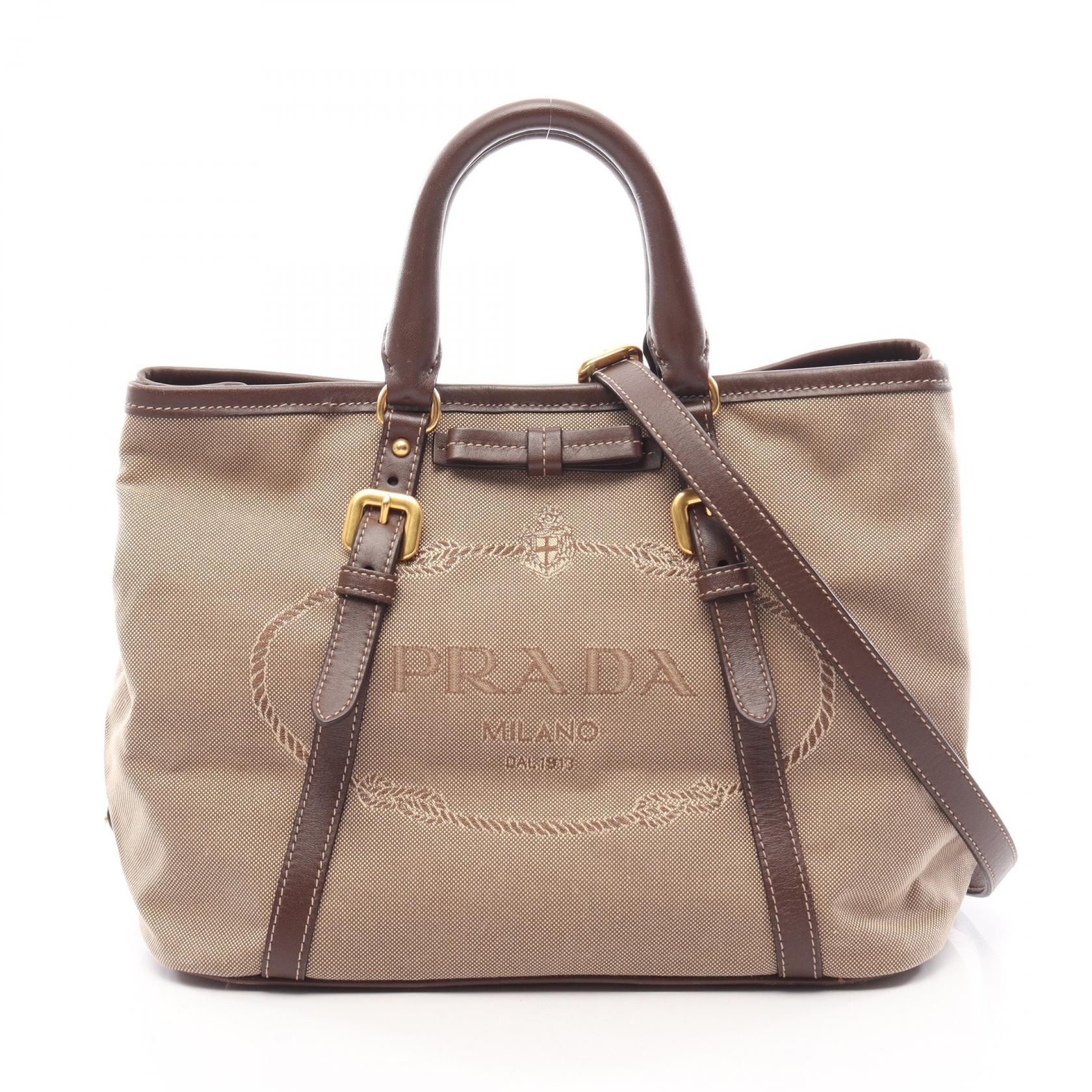 プラダ PRADA LOGO JACQUARD ロゴジャガード 2WAY トートバッグ バッグ キャンバス レザー レディース ベージュ系 / ブラウン系 【中古】