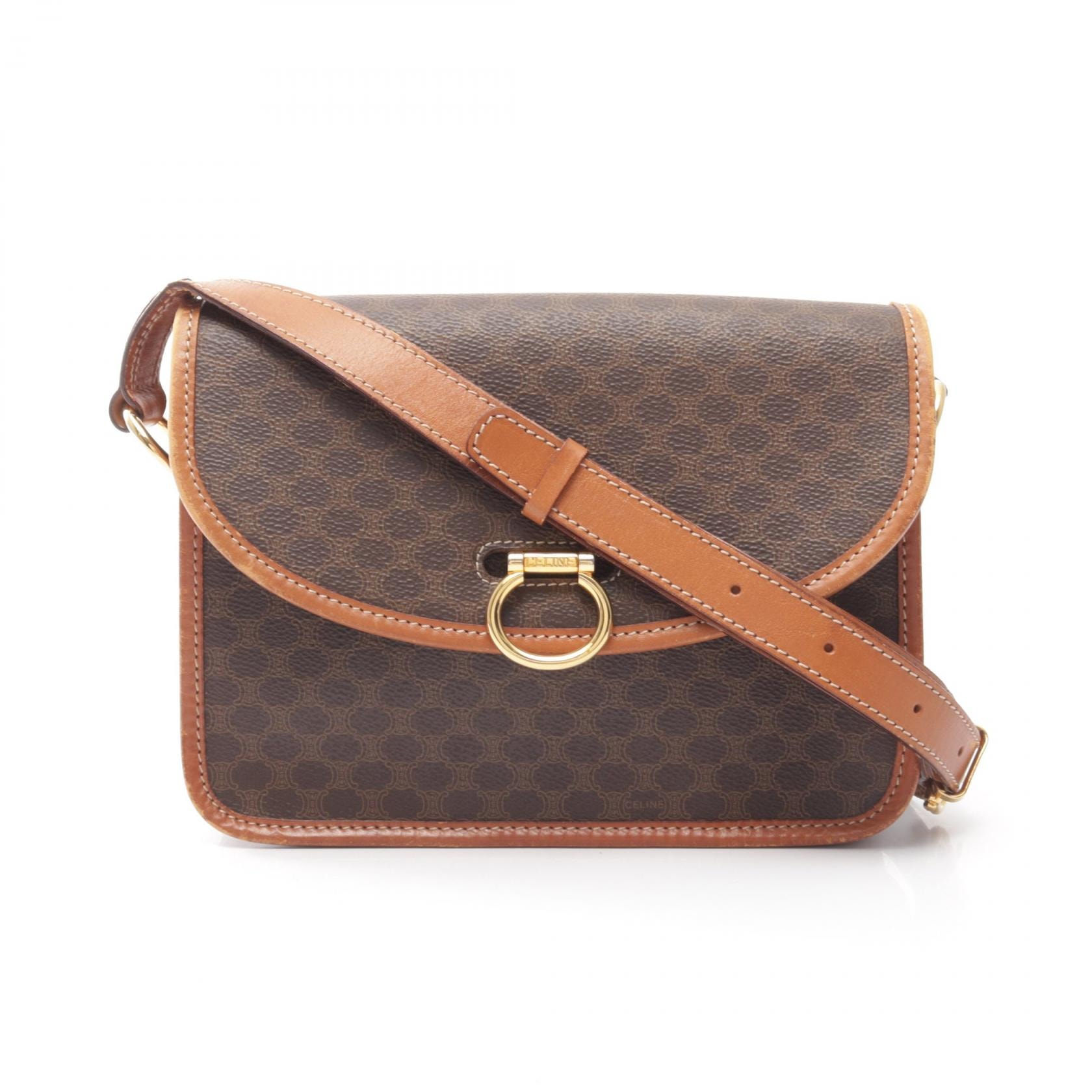 セリーヌ CELINE マカダム ショルダーバッグ バッグ PVCコーティングキャンバス レザー レディース ブラウン系 【中古】