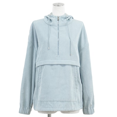 【美品】MONCLER モンクレール コーデュロイパーカー サイズ 40 レディース ハーフジップ ロゴ ワッペン ストレッチ プルオーバー ロングスリーブ 長袖 フーディー トップス サックスブルー 青 イタリア製