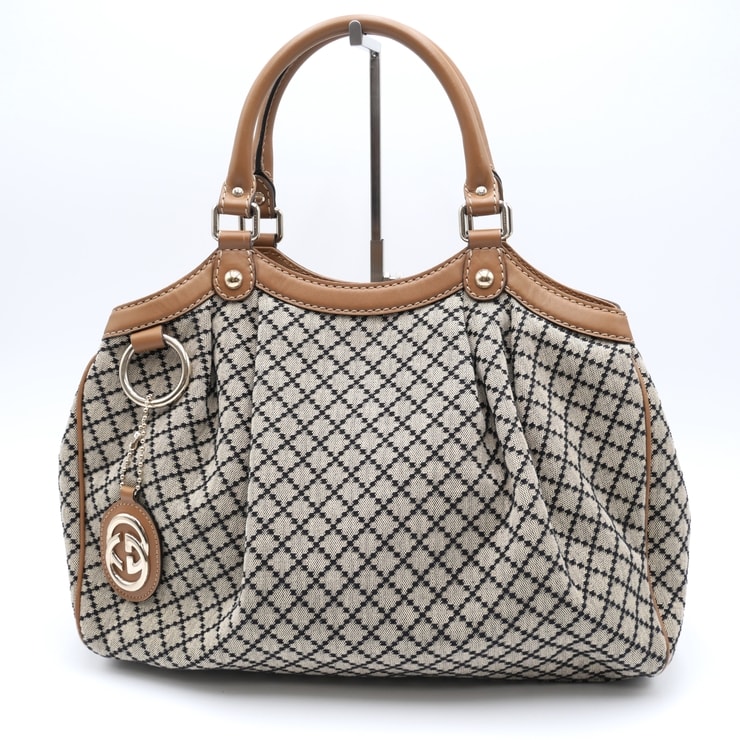 GUCCI(グッチ)ディアマンテ スーキー ハンドバッグ キャンバス レザー ベージュ系 ブラウン シルバー金具 レディース 211944【中古】