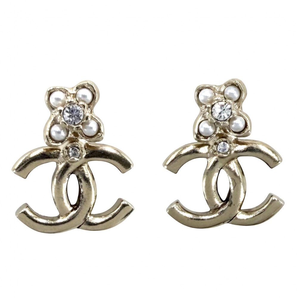 CHANEL シャネル ピアス ココマーク アクセサリー フラワー ラインストーン  GP  フェイクパール  D23K ゴールド レディース 約3.0g 2023年【中古品】