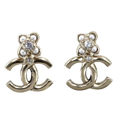 CHANEL シャネル ピアス ココマーク アクセサリー フラワー ラインストーン GP フェイクパール D23K ゴールド レディース 約3.0g 2023年【中古品】