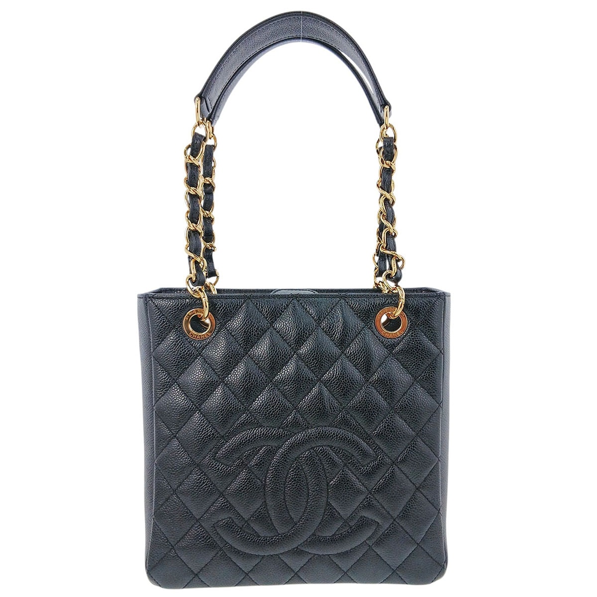 CHANEL シャネル PST プチ ショッピングトート チェーン トートバッグ ココマーク ショルダーバッグ A50994 キャビアスキン ブラック ゴールド  レディース【中古】