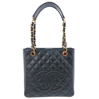 CHANEL シャネル PST プチ ショッピングトート チェーン トートバッグ ココマーク ショルダーバッグ A50994 キャビアスキン ブラック ゴールド レディース【中古】