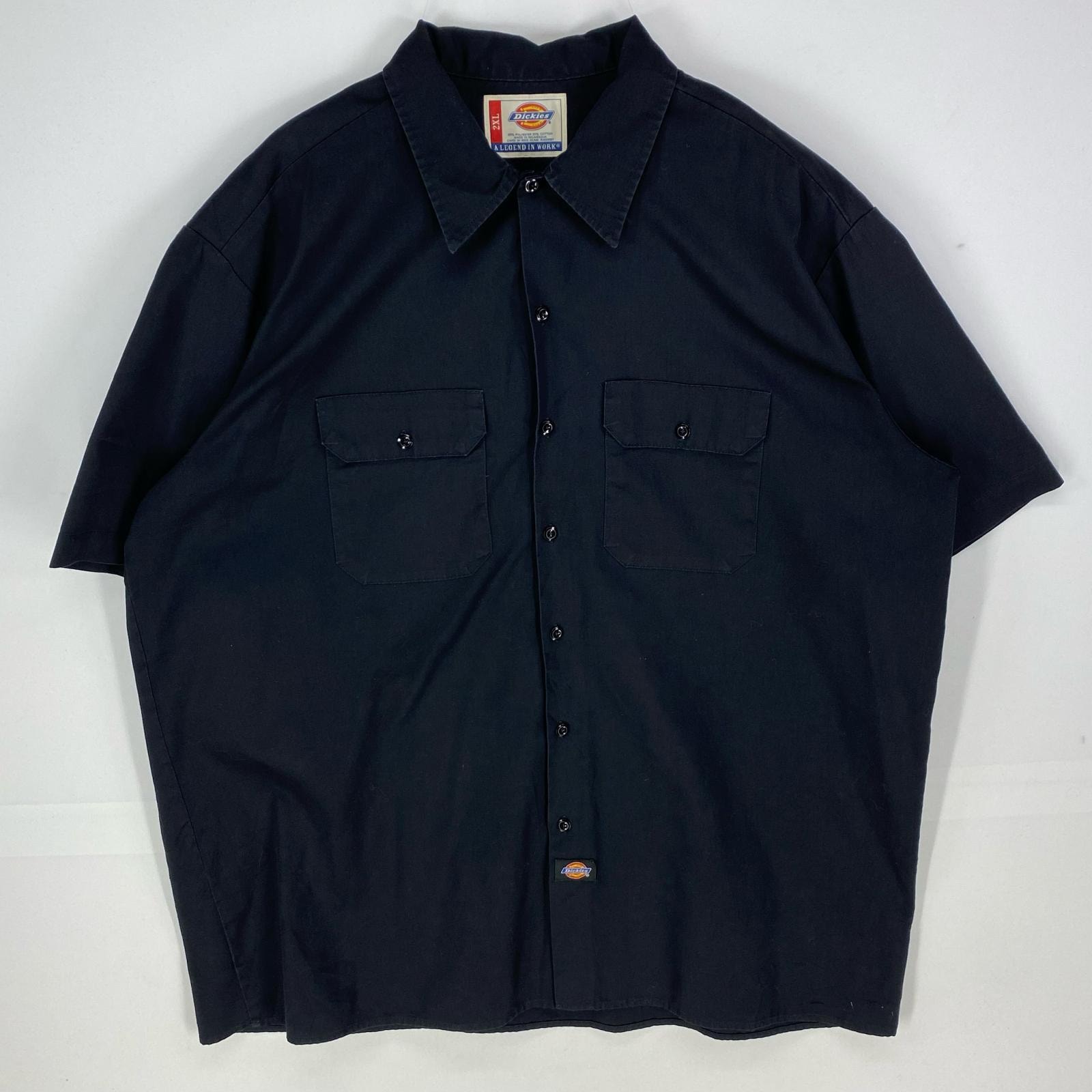 古着 ディッキーズ Dickies 半袖シャツ 胸ポケット ワーク ショートスリーブ 大きいサイズ 2XL  ブラック系 無地 メンズ